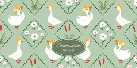 Vintage modern seamless drawing with a goose and a hat-wearing goose, flowers, reeds, and bows. Flirty wallpaper with bows and frames. Vector design.