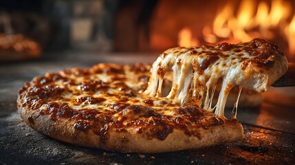Irresistible golden pizza bubbling in a rustic stone oven