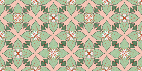 Floral seamless pattern in vintage style. Traditional painted ceramic tile. Diagonal square flowers ornament of calm green terracotta colors. Vintage square mosaic tile. Plant repeating ornament