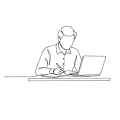 Man studying with laptop and notebook while writing at desk  