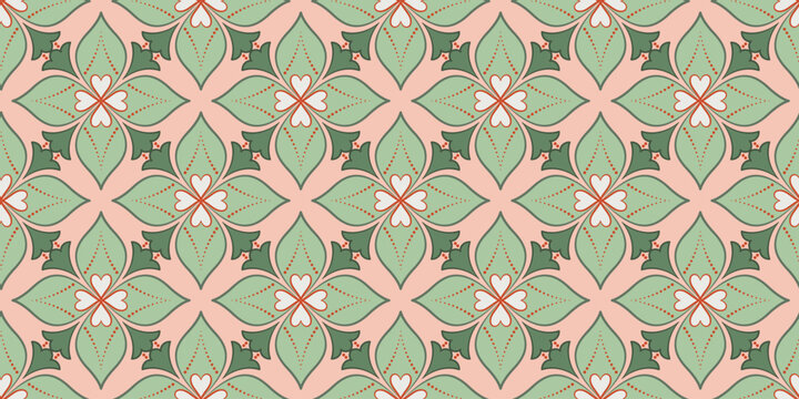 Floral seamless pattern in vintage style. Traditional painted ceramic tile. Diagonal square flowers ornament of calm green terracotta colors. Vintage square mosaic tile. Plant repeating ornament