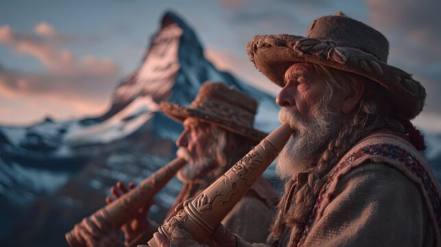 Traditional Swiss alphorn blowers performing near the Matterhorn