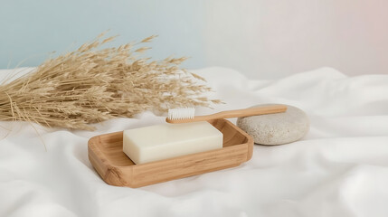 A minimalistic bathroom scene features a wooden soap dish, bamboo toothbrush, pumice stone, and beige pampas grass, surrounded by a white fabric surface and pastel sky gradient.