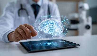 Professional doctor analyzing a holographic brain scan with artificial intelligence technology on digital tablet during telemedicine consultation in modern medical office