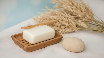 A minimalistic bathroom scene features a wooden soap dish, bamboo toothbrush, pumice stone, and beige pampas grass, surrounded by a white fabric surface and pastel sky gradient.