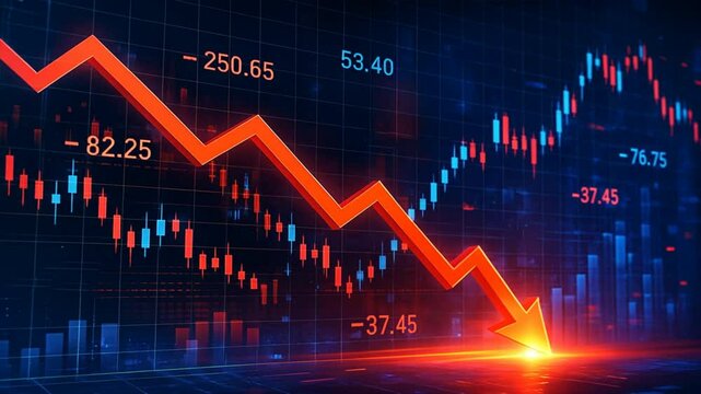 Red downward arrow over glowing data grid shows market decline in a digital dashboard with blue and red numbers, symbolizing unstable Tech Finance Data Visualization - Powered by Adobe
