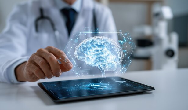 Professional doctor analyzing a holographic brain scan with artificial intelligence technology on digital tablet during telemedicine consultation in modern medical office - Powered by Adobe