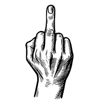 Hand Gesture Showing Middle Finger in Detailed Black and White Outline Drawing