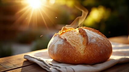 Freshly baked artisan bread resting on a linen cloth, with steam rising in the warm sunlight, creating a cozy atmosphere, perfect for culinary themes and food projects	