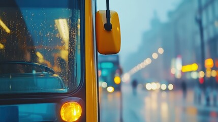 Yellow Bus Mirror View. Rainy City Street Scene with Bokeh Lights and Wet Glass