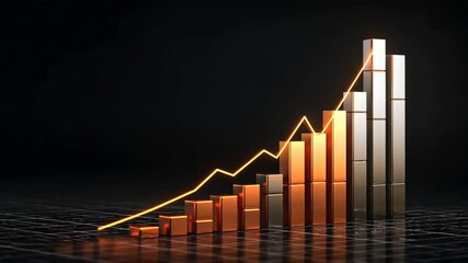 Stock market bar graph rises on dark black background, showing upward movement and digital analysis in Tech Finance Data Visualization style - Powered by Adobe