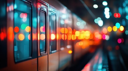 Subway Train Windows With City Lights Reflections at Night, Colorful Transportation.