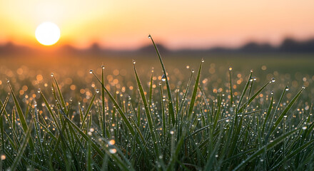 Close Up of Morning Dew Drops on Green Grass Blades at Sunrise