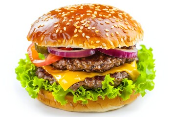 Appetizing Cheeseburger Close-Up with Pickles, Onions, and Golden Bun on a white background