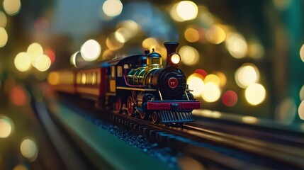 Vintage Toy Train on Tracks with Bokeh Lights Background Evokes Nostalgia