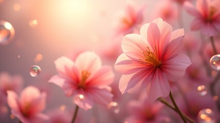 Beautiful pink flowers bloom in soft light with water droplets enhancing their vibrant colors during early morning hours