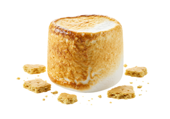 Toasted marshmallow golden brown on top  sides sits amongst graham cracker pieces on a black background