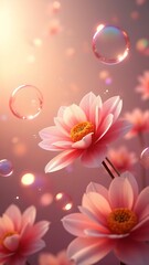 Beautiful pink flowers bloom in soft light with water droplets enhancing their vibrant colors during early morning hours