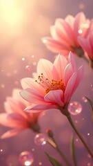 Beautiful pink flowers bloom in soft light with water droplets enhancing their vibrant colors during early morning hours