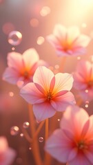 Beautiful pink flowers bloom in soft light with water droplets enhancing their vibrant colors during early morning hours