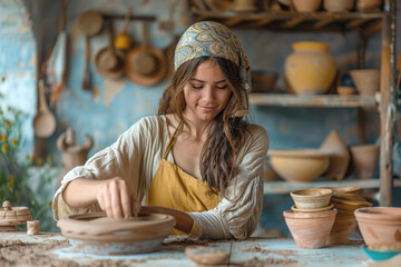 A young woman molds a clay pot on a pottery wheel in her workshop. In the background are shelves with handmade clay crafts. The process of creating pottery on a pottery wheel