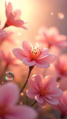 Beautiful pink flowers bloom in soft light with water droplets enhancing their vibrant colors during early morning hours