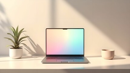 Modern laptop on a desk surrounded by greenery in a well-lit workspace during the day