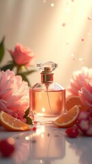 Elegant perfume bottle surrounded by vibrant flowers and fresh citrus fruits in soft natural light
