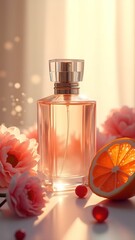 Elegant perfume bottle surrounded by vibrant flowers and fresh citrus fruits in soft natural light