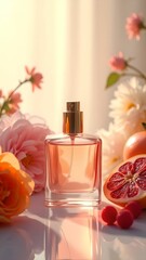 Elegant perfume bottle surrounded by vibrant flowers and fresh citrus fruits in soft natural light