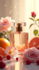 Elegant perfume bottle surrounded by vibrant flowers and fresh citrus fruits in soft natural light