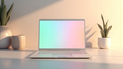 Modern laptop on a desk surrounded by greenery in a well-lit workspace during the day