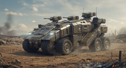 Fototapeta premium Futuristic Military Armored Vehicle in a Post-Apocalyptic Battlefield