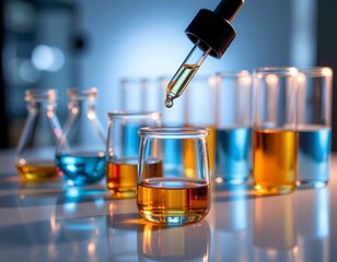 the image focuses on scientific laboratory equipment, a series of upright glass containers, partially filled with liquids, recede into the background