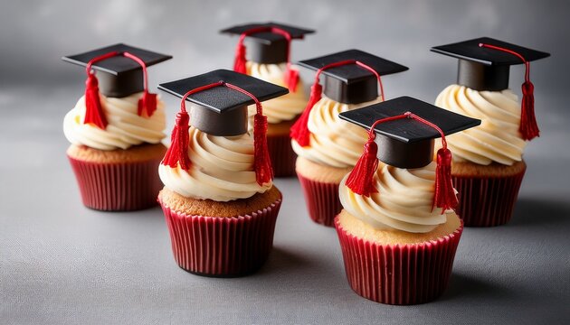 graduation cupcakes and cake on grey background close up of graduation cupcakes and cake with black caps and red tassels arranged on a grey background symbolizing celebration and academic success