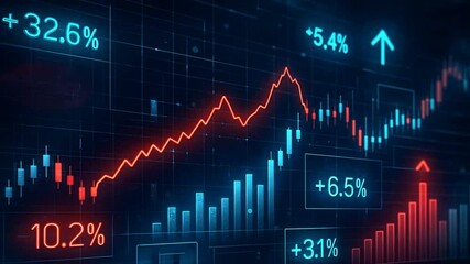 Holographic trading screen with red lines candlestick chart and glowing bar graph over dark digital background, showing futuristic Data Visualization, Tech Finance setup - Powered by Adobe