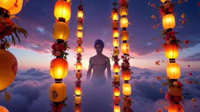 A man is standing in front of a row of lanterns