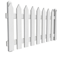 Classic white picket fence section with pointed tops isolated on transparent background