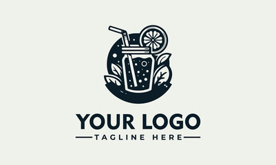 A stylized logo featuring a mason jar drink with a straw, lemon slice, leaves, and a circular background.