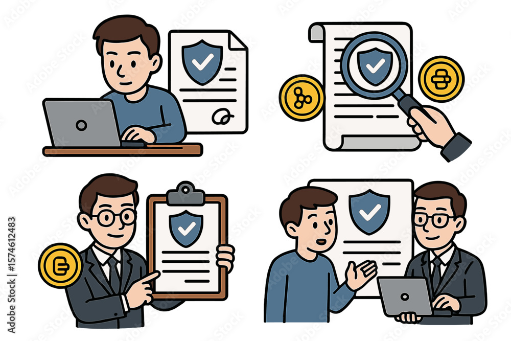 Poster professional individuals engaging in activities related to security, verification, and documentation