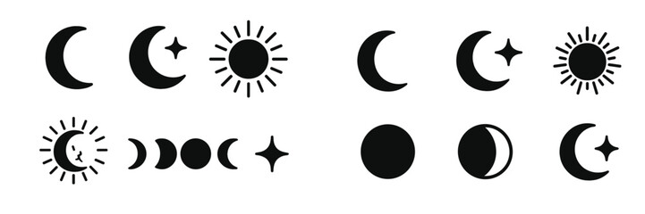 Stylized illustrations of celestial bodies featuring varying phases of the moon and sun, showcasing their beauty and diversity