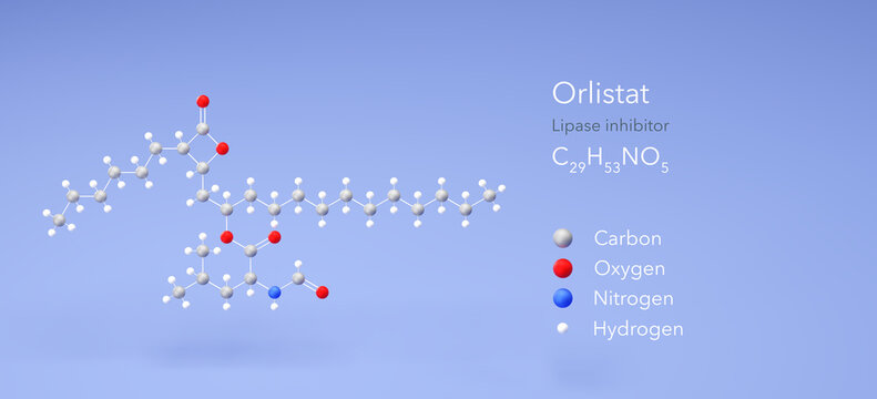 orlistat molecule, molecular structure, lipase inhibitor 3d model, Structural Chemical Formula and Atoms with Color Coding