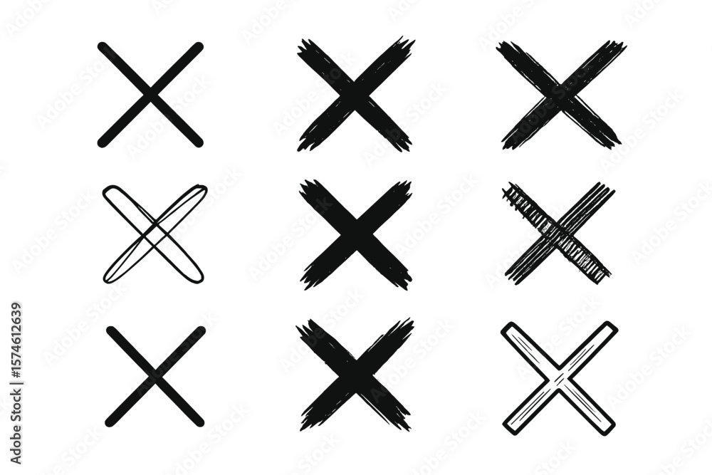 Poster different styles of hand-drawn black crosses arranged in a grid pattern showcasing artistic versatil