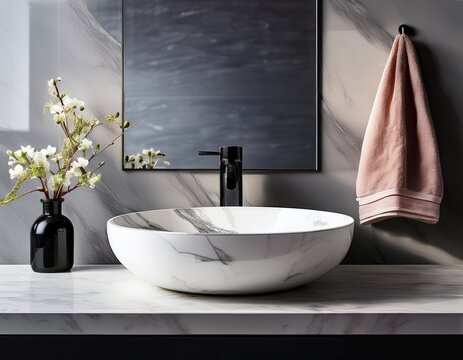 minimalistic bathroom featuring a marble basin with black faucet and mirror flower this mockup ready countertop can serve as a display stand for bathroom products
