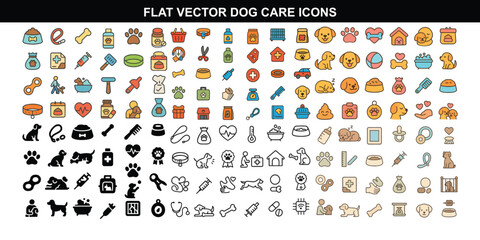  Flat Vector Dog Care Icons – Grooming, Feeding, Vet, Training, Toys, Walking, Medical, Bathing, Accessories, Behavior – Clean Minimal Style for Apps & Infographics