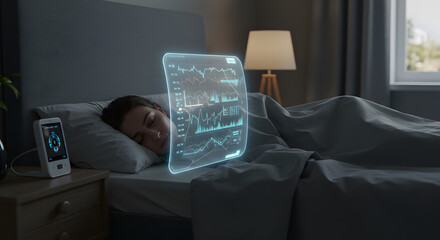 Woman peacefully sleeps with augmented reality health data displayed, showcasing future technology and wellness integration in bedroom setting.