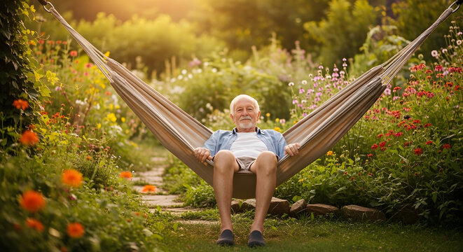 Elderly man relaxing in a hammock in his garden with a smile, warm light