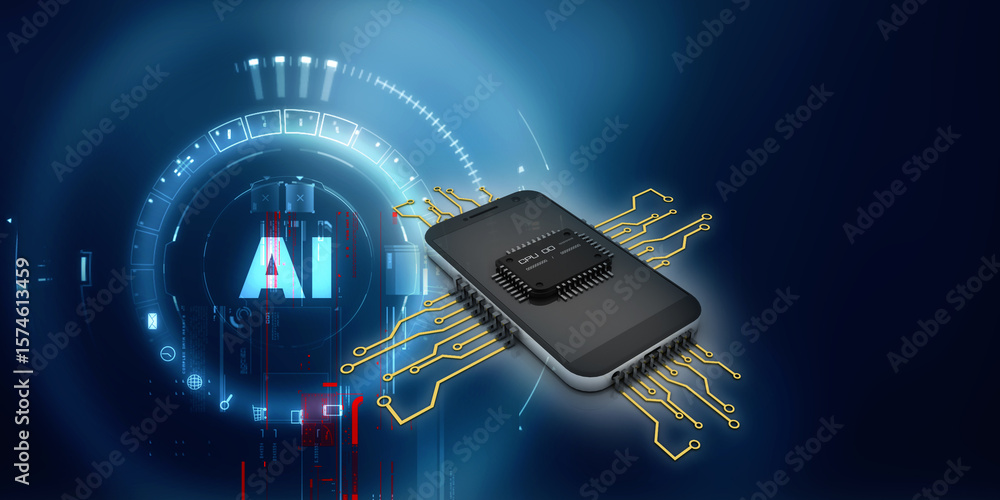 Poster 3d rendering microchips with mobile phone