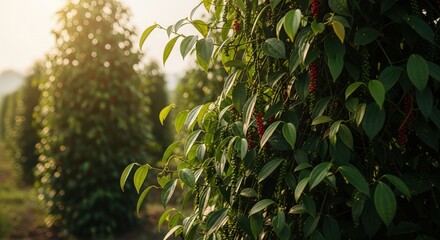 Obraz premium Sunlit Pepper Plantation Lush Green Leaves and Ripe Berries
