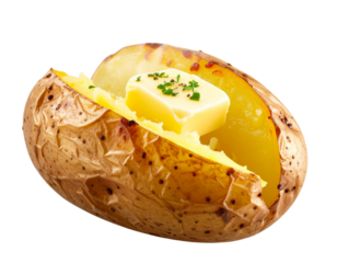 3D Render of Classic Jacket Potato with Butter Melting Inside, isolated on transparent background PNG